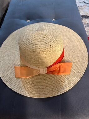Natural Straw Wide-Brim Hat with Orange Ribbon Bow-NOT WORN!